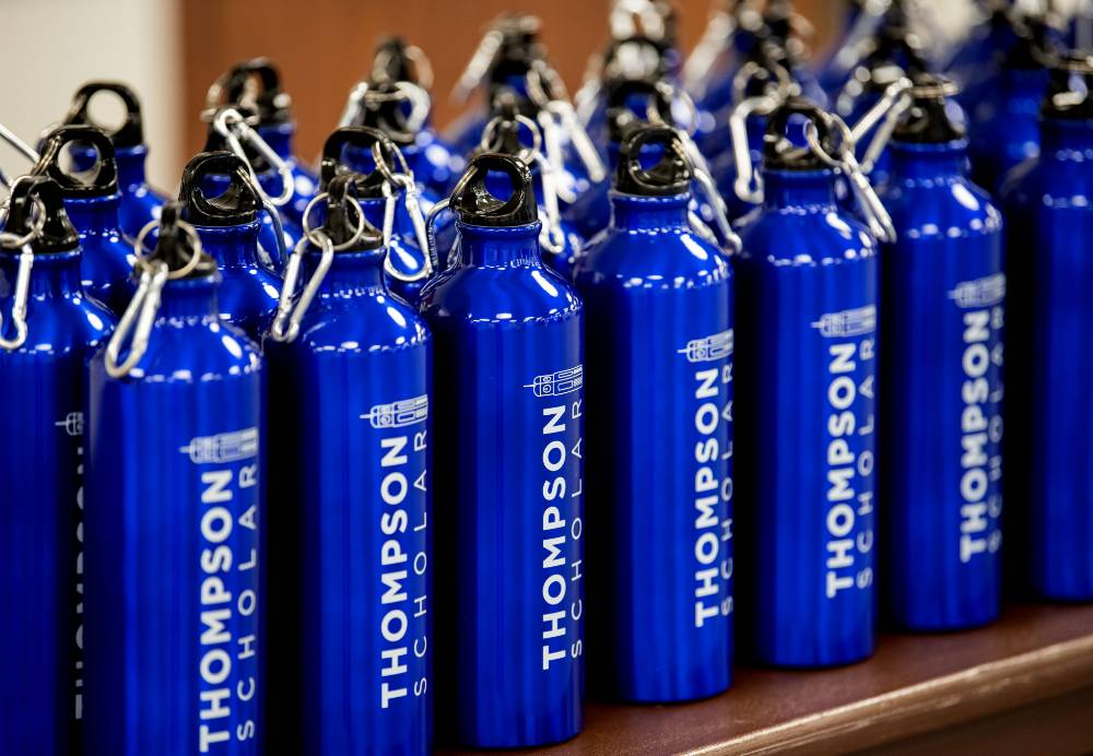 Water bottles with Thompson Scholar logo